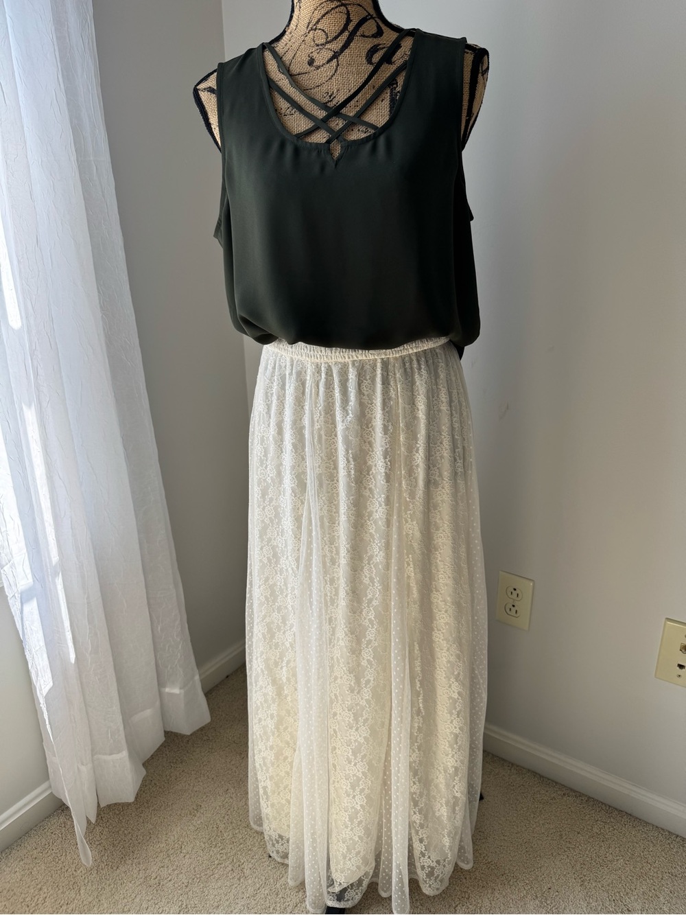 Lucky Brand Cream Lace Maxi Skirt with Tulle Overlay